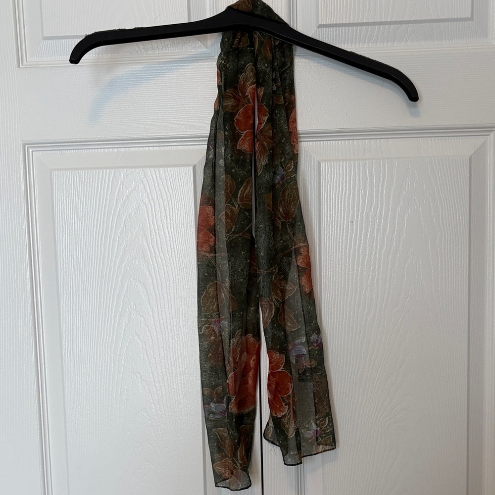 Floral Sheer Scarf - Green and Red